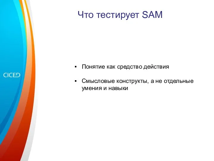 Что тестирует SAM Понятие как средство действия Смысловые конструкты, а не отдельные умения и навыки