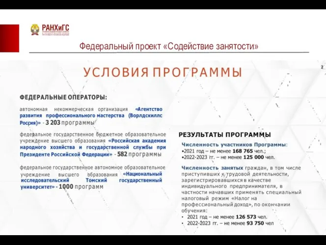 Федеральный проект «Содействие занятости»