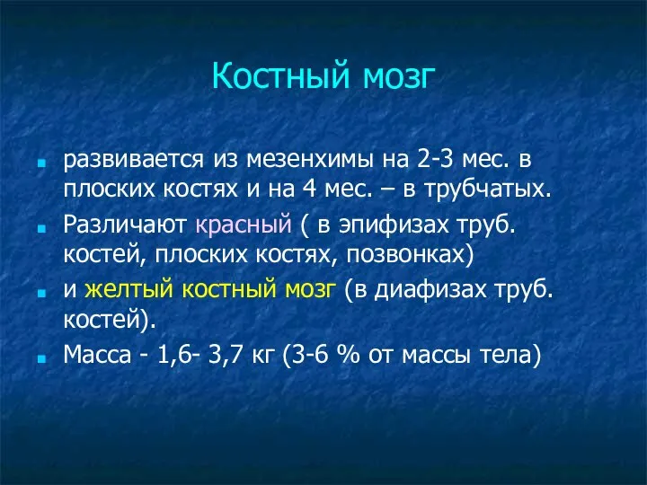 Костный мозг развивается из мезенхимы на 2-3 мес. в плоских костях