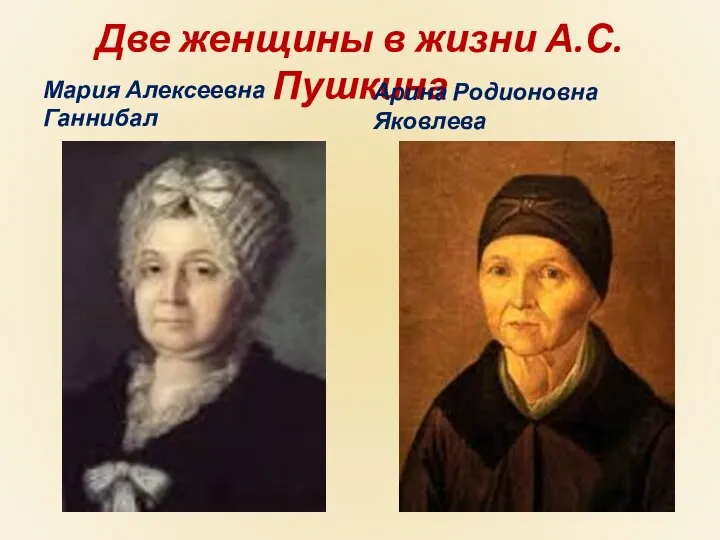 Две женщины в жизни А.С.Пушкина Мария Алексеевна Ганнибал Арина Родионовна Яковлева