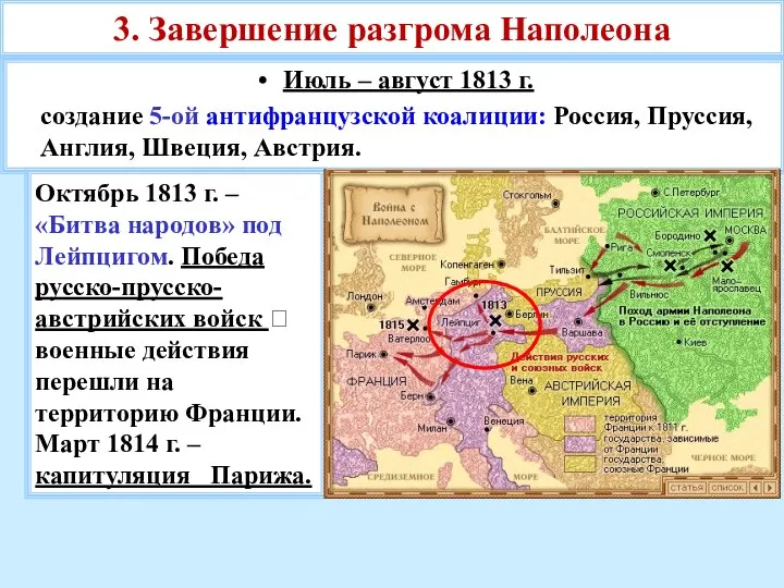 3. Завершение разгрома Наполеона Июль – август 1813 г. создание 5-ой