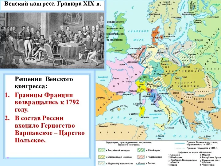 Венский конгресс. Гравюра XIX в. Решения Венского конгресса: Границы Франции возвращались