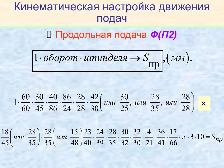 Кинематическая настройка движения подач Продольная подача Ф(П2) ×