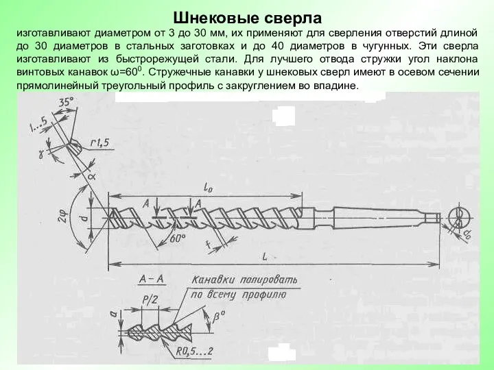 Шнековые сверла изготавливают диаметром от 3 до 30 мм, их применяют