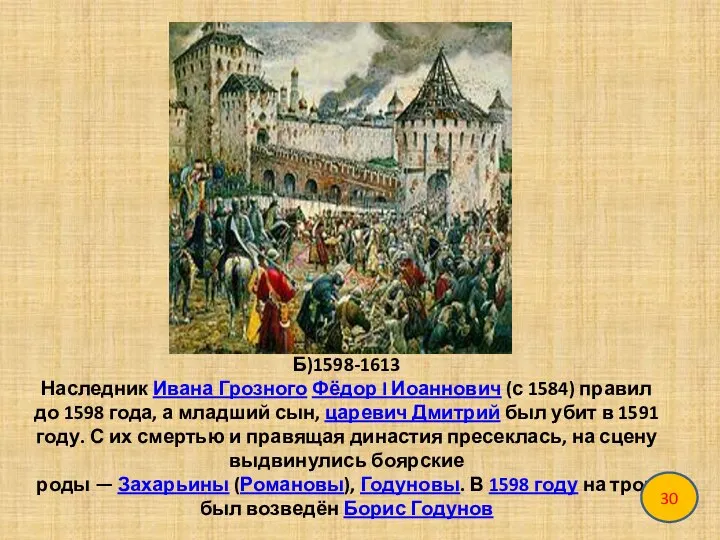 Б)1598-1613 Наследник Ивана Грозного Фёдор I Иоаннович (с 1584) правил до