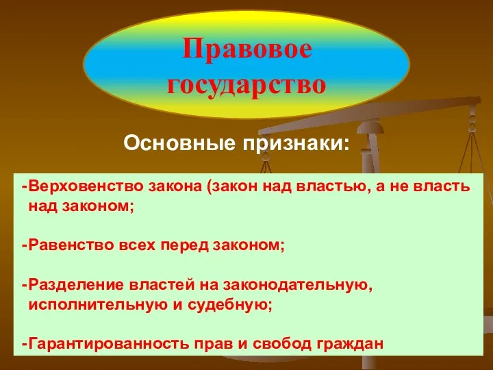 Правовое государство Основные признаки: Верховенство закона (закон над властью, а не