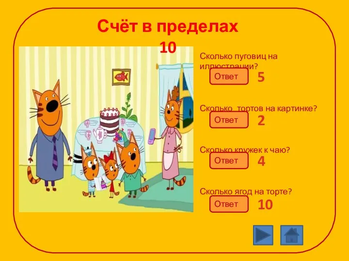 Сколько пуговиц на иллюстрации? Сколько тортов на картинке? Сколько кружек к