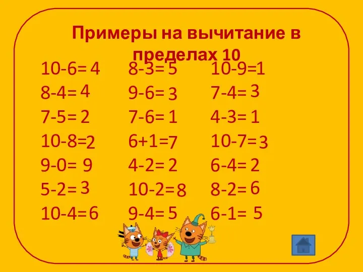 Примеры на вычитание в пределах 10 10-6= 8-4= 7-5= 10-8= 9-0=