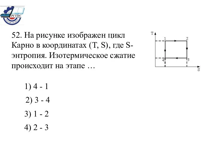 52. На рисунке изображен цикл Карно в координатах (T, S), где