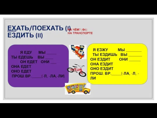 ЕХАТЬ/ПОЕХАТЬ (I) ЕЗДИТЬ (II) Я ЕДУ МЫ _____ ТЫ ЕДЕШЬ ВЫ