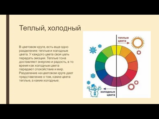 Теплый, холодный В цветовом круге, есть еще одно разделение: теплые и