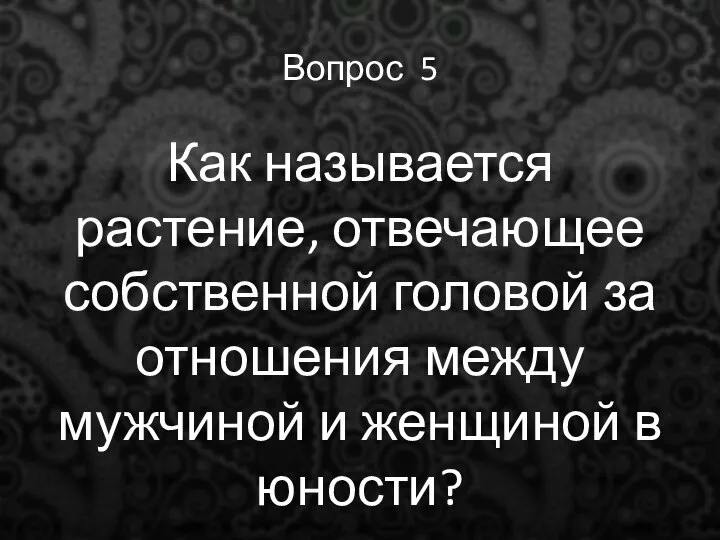 Вопрос 5 Как называется растение, отвечающее собственной головой за отношения между мужчиной и женщиной в юности?