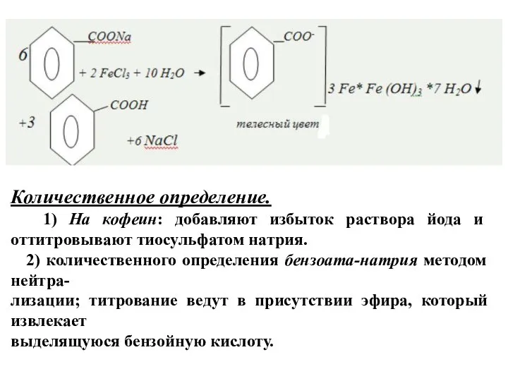 Количественное определение. 1) На кофеин: добавляют избыток раствора йода и оттитровывают