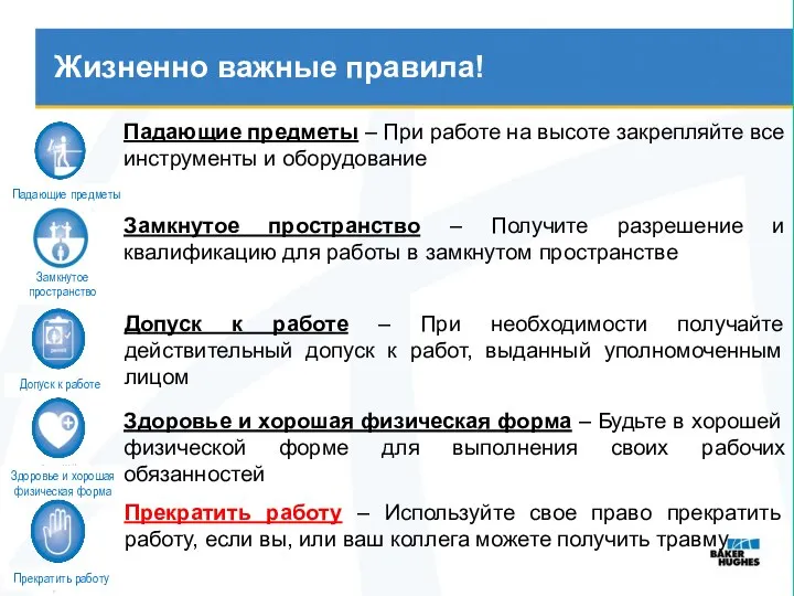 Жизненно важные правила! Замкнутое пространство Падающие предметы – При работе на