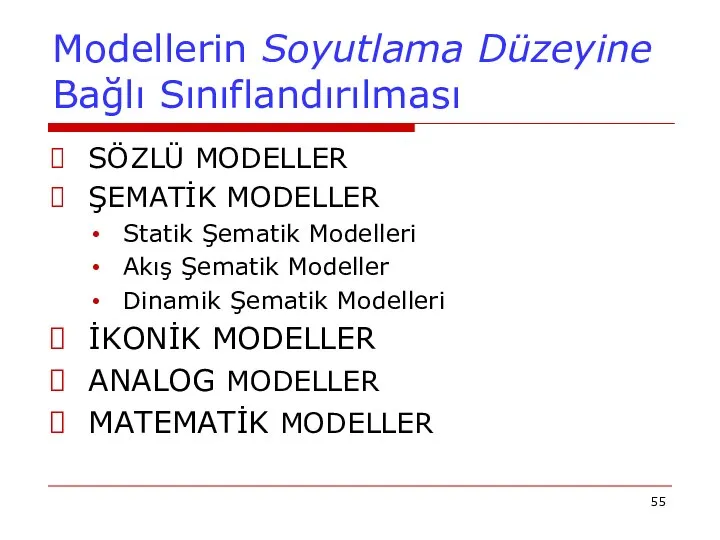 Modellerin Soyutlama Düzeyine Bağlı Sınıflandırılması SÖZLÜ MODELLER ŞEMATİK MODELLER Statik Şematik