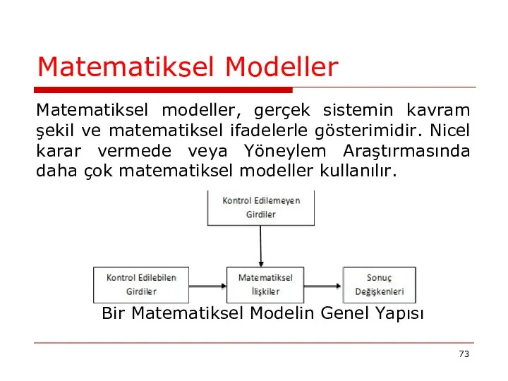 Matematiksel Modeller Matematiksel modeller, gerçek sistemin kavram şekil ve matematiksel ifadelerle