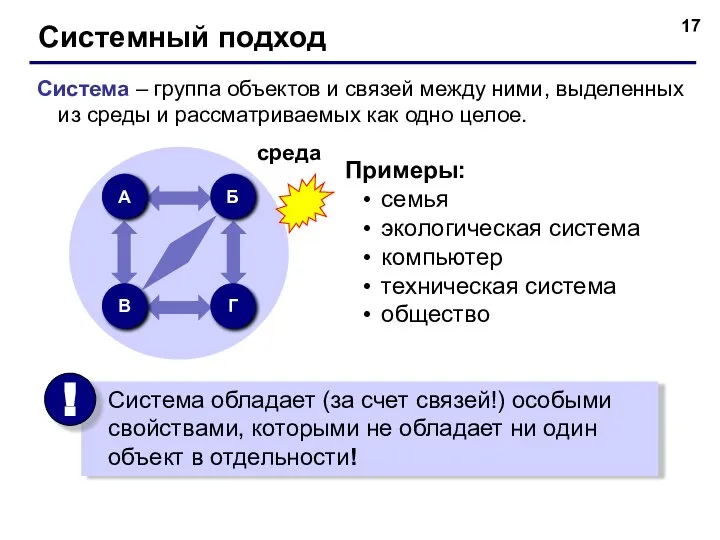 Системный подход Система – группа объектов и связей между ними, выделенных