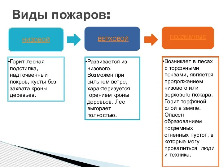 Виды пожаров: НИЗОВОЙ ВЕРХОВОЙ ПОДЗЕМНЫЕ Горит лесная подстилка, надпочвенный покров, кусты