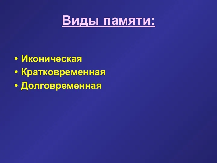 Виды памяти: Иконическая Кратковременная Долговременная