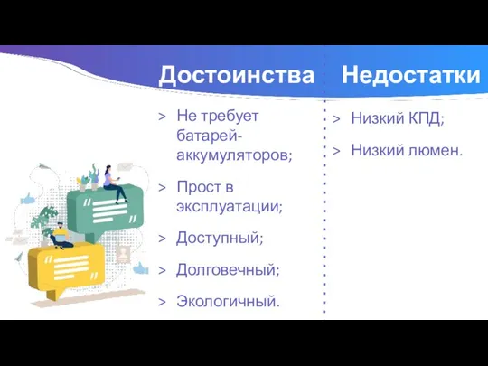 Достоинства Не требует батарей-аккумуляторов; Прост в эксплуатации; Доступный; Долговечный; Экологичный. Недостатки Низкий КПД; Низкий люмен.