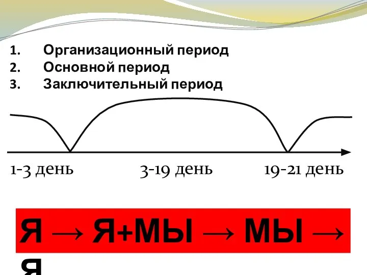 Организационный период Основной период Заключительный период 1-3 день 3-19 день 19-21