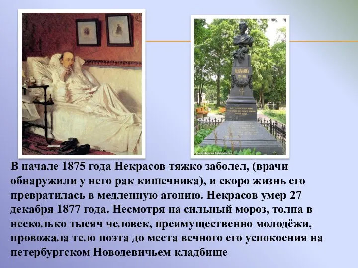 В начале 1875 года Некрасов тяжко заболел, (врачи обнаружили у него