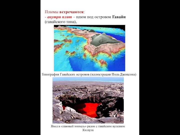 Плюмы встречаются: - внутри плит – плюм под островом Гавайи (гавайского