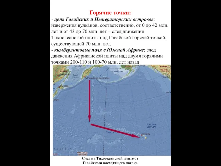 Горячие точки: - цепь Гавайских и Императорских островов: извержения вулканов, соответственно,