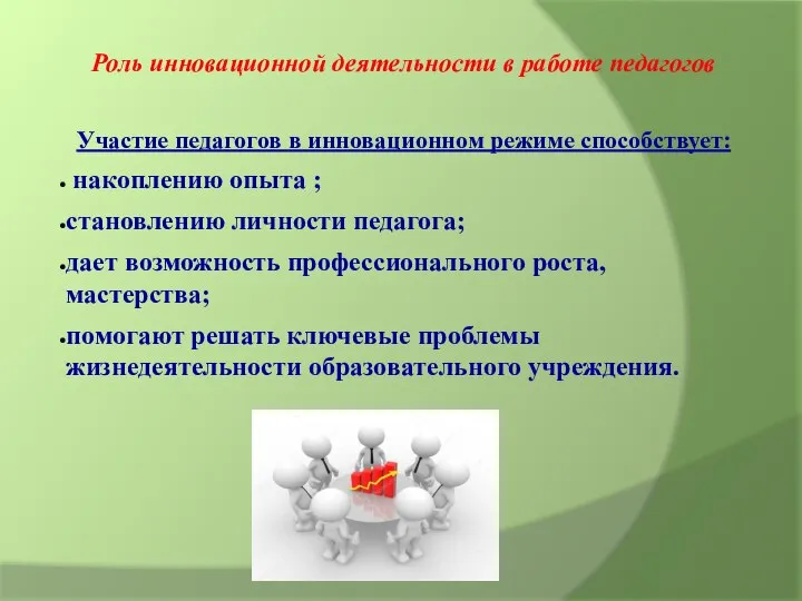 Роль инновационной деятельности в работе педагогов Участие педагогов в инновационном режиме