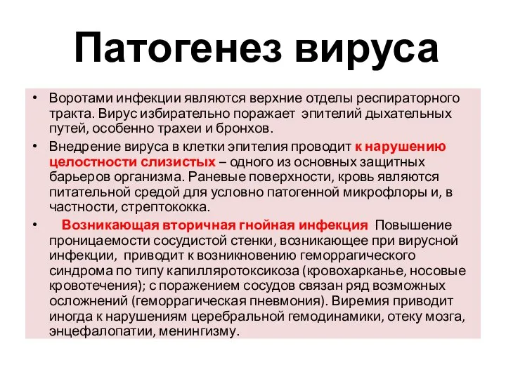 Патогенез вируса Воротами инфекции являются верхние отделы респираторного тракта. Вирус избирательно