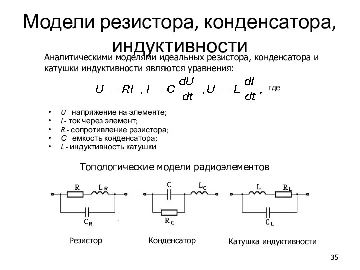 Модели резистора, конденсатора, индуктивности U - напряжение на элементе; I -