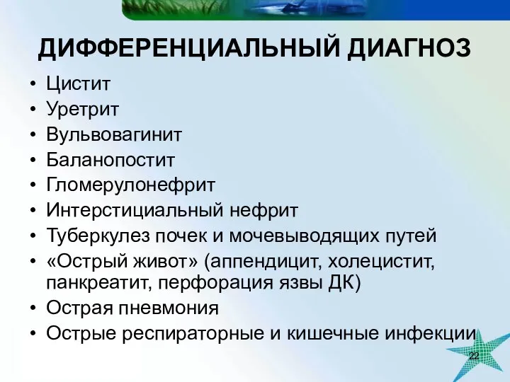 ДИФФЕРЕНЦИАЛЬНЫЙ ДИАГНОЗ Цистит Уретрит Вульвовагинит Баланопостит Гломерулонефрит Интерстициальный нефрит Туберкулез почек