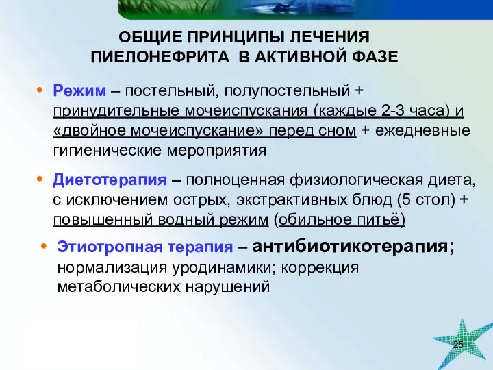 Этиотропная терапия – антибиотикотерапия; нормализация уродинамики; коррекция метаболических нарушений ОБЩИЕ ПРИНЦИПЫ