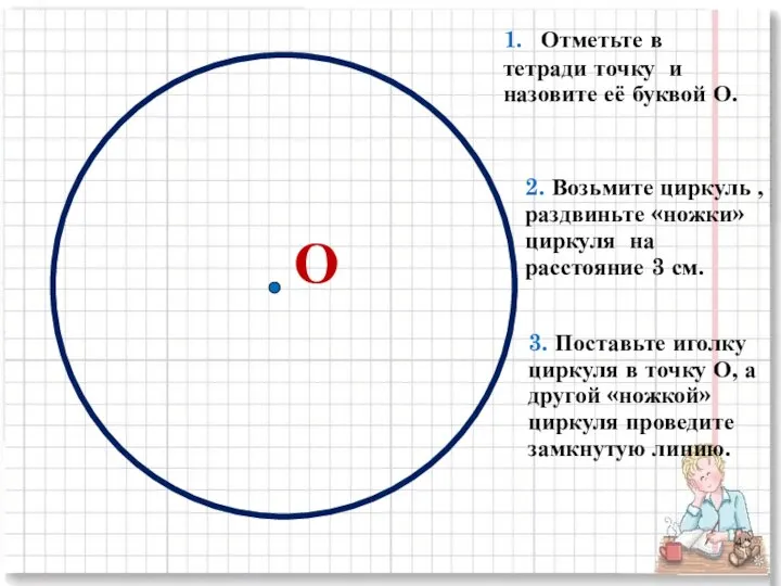 О 1. Отметьте в тетради точку и назовите её буквой О.