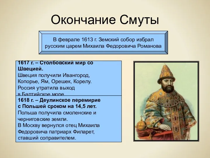Окончание Смуты В феврале 1613 г. Земский собор избрал русским царем