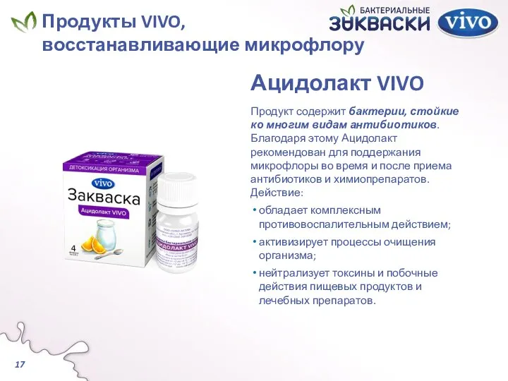 Ацидолакт VIVO Продукт содержит бактерии, стойкие ко многим видам антибиотиков. Благодаря