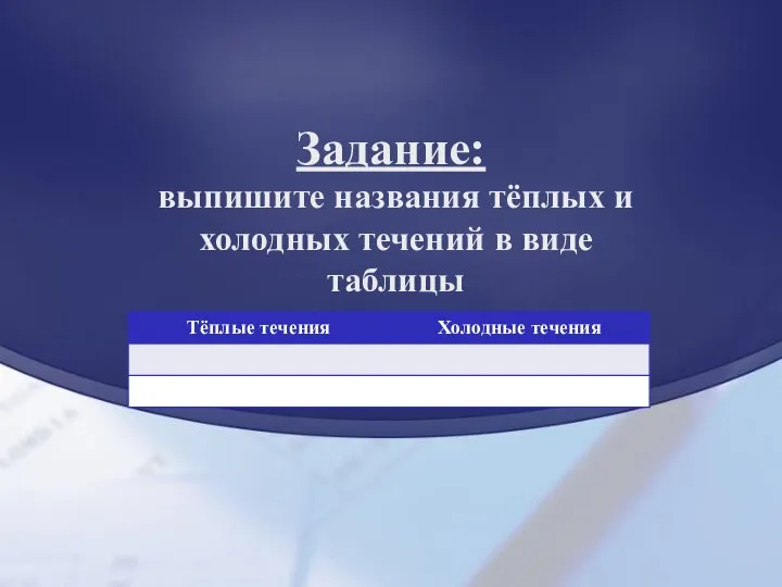 Задание: выпишите названия тёплых и холодных течений в виде таблицы