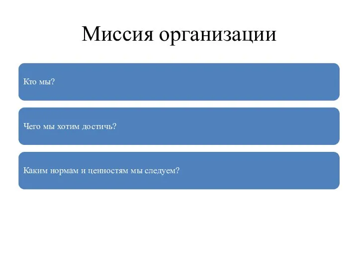 Миссия организации Кто мы? Чего мы хотим достичь? Каким нормам и ценностям мы следуем?