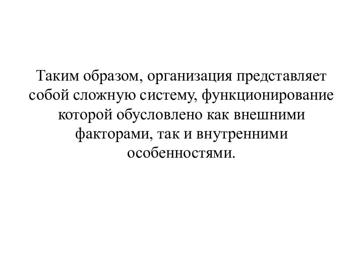 Таким образом, организация представляет собой сложную систему, функционирование которой обусловлено как