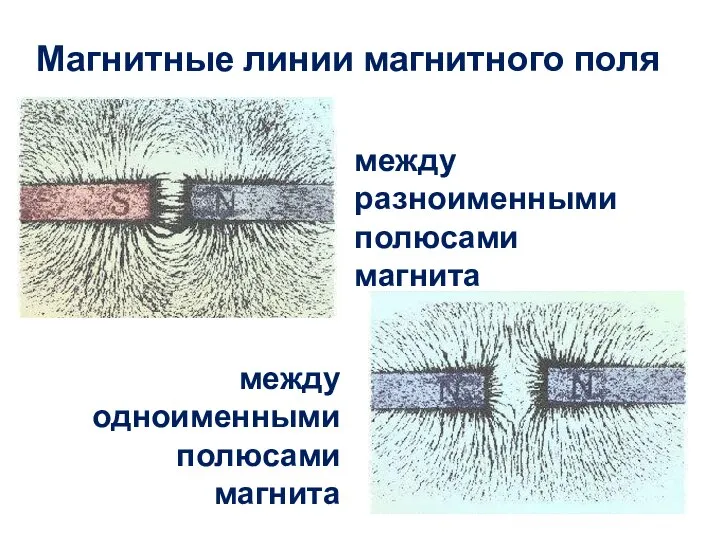Магнитные линии магнитного поля между одноименными полюсами магнита между разноименными полюсами магнита