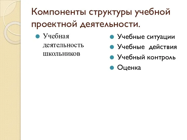 Компоненты структуры учебной проектной деятельности. Учебная деятельность школьников Учебные ситуации Учебные действия Учебный контроль Оценка