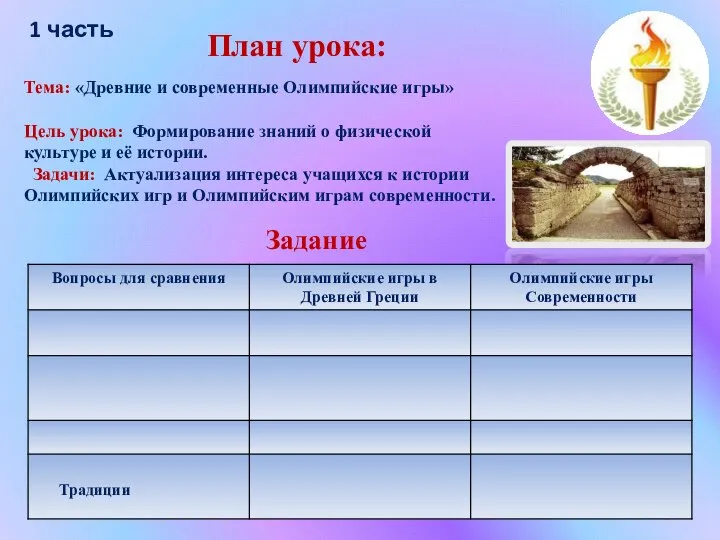 Тема: «Древние и современные Олимпийские игры» Цель урока: Формирование знаний о