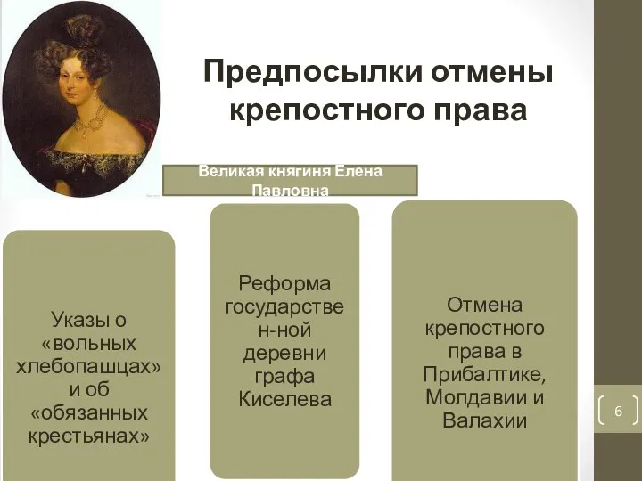 Предпосылки отмены крепостного права Великая княгиня Елена Павловна