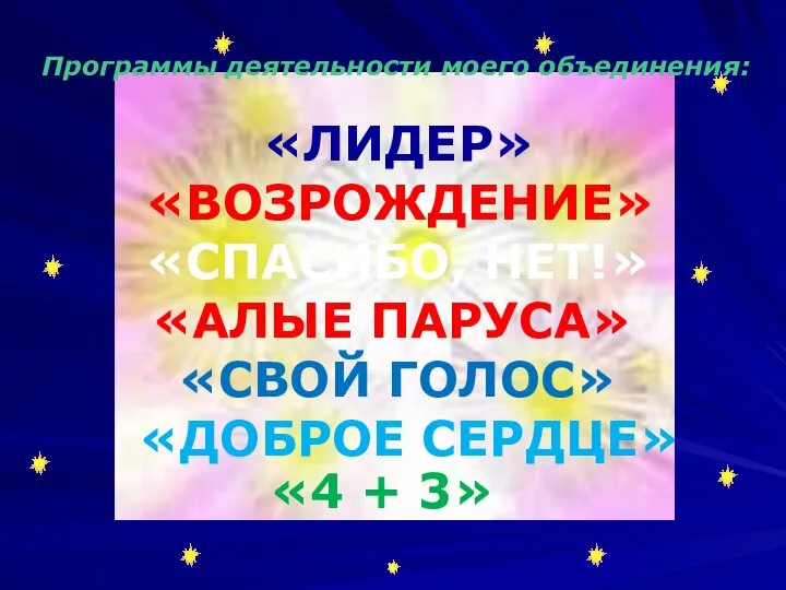 «ЛИДЕР» «ВОЗРОЖДЕНИЕ» «СПАСИБО, НЕТ!» «АЛЫЕ ПАРУСА» «СВОЙ ГОЛОС» «ДОБРОЕ СЕРДЦЕ» «4