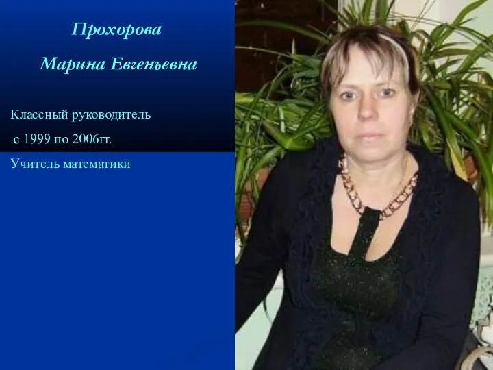 Прохорова Марина Евгеньевна Классный руководитель с 1999 по 2006гг. Учитель математики