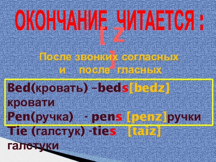 ОКОНЧАНИЕ ЧИТАЕТСЯ : [ Z ] После звонких согласных и после