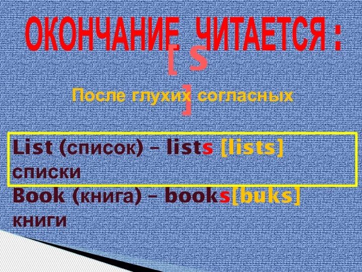 ОКОНЧАНИЕ ЧИТАЕТСЯ : [ S ] После глухих согласных List (список)