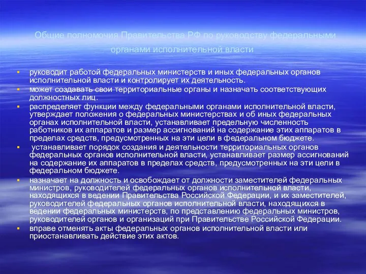 Общие полномочия Правительства РФ по руководству федеральными органами исполнительной власти руководит