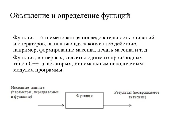 Объявление и определение функций Функция – это именованная последовательность описаний и