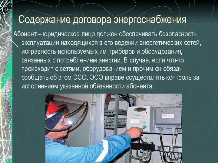 Содержание договора энергоснабжения Абонент – юридическое лицо должен обеспечивать безопасность эксплуатации